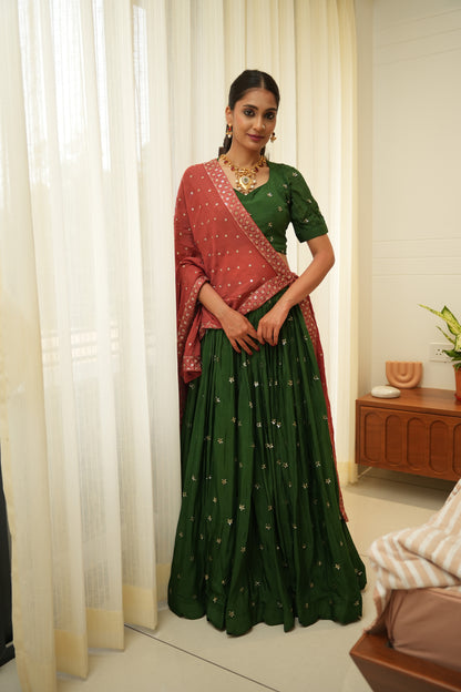 Mehndi Green Sequin Lehnga Set