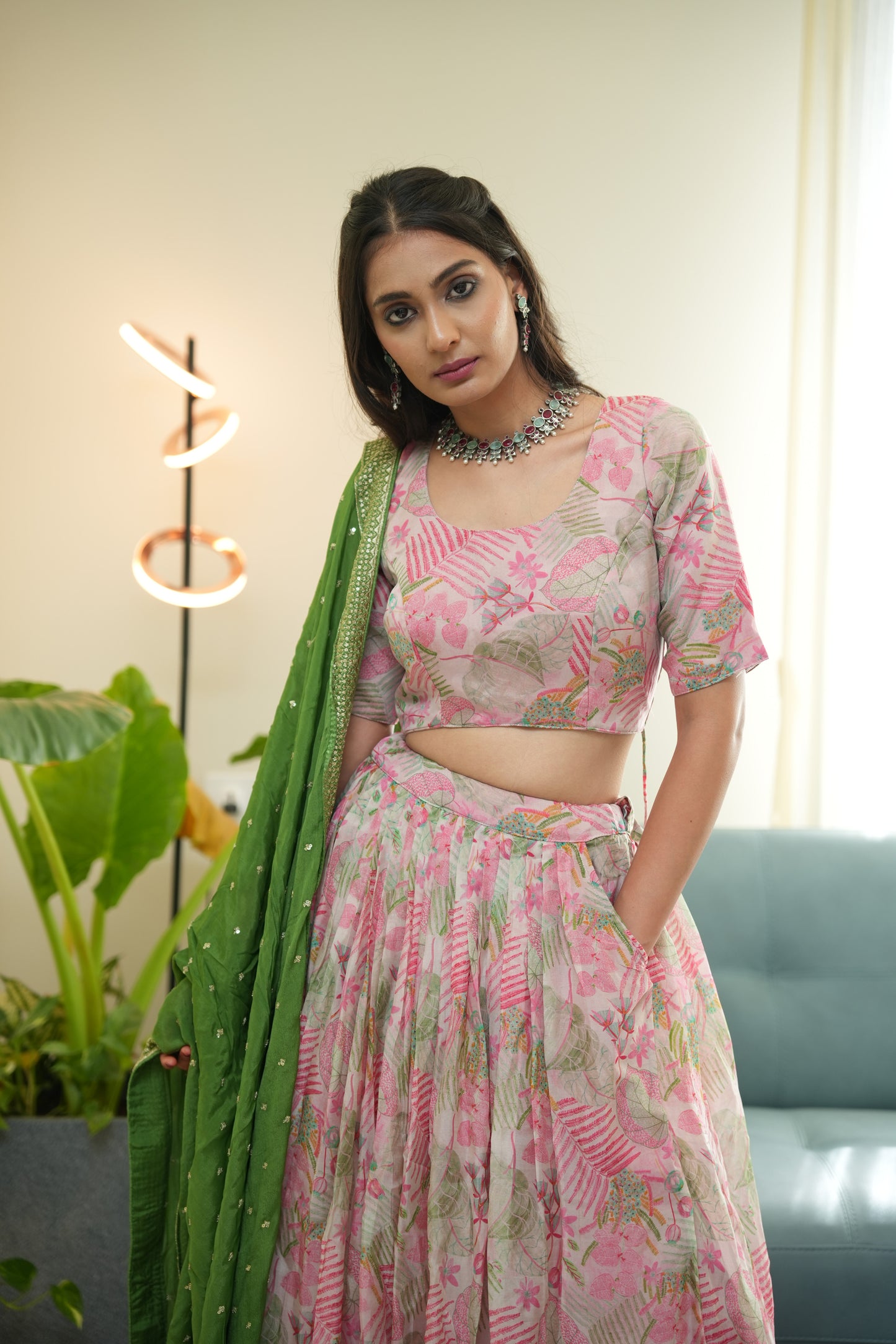 Pink Floral Oranganza Lehenga Set