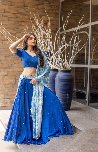 Royal  Blue Pearl Embroidered Lehenga Set