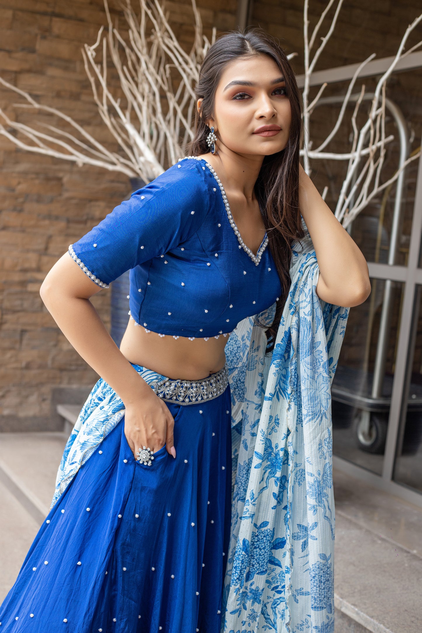 Royal  Blue Pearl Embroidered Lehenga Set