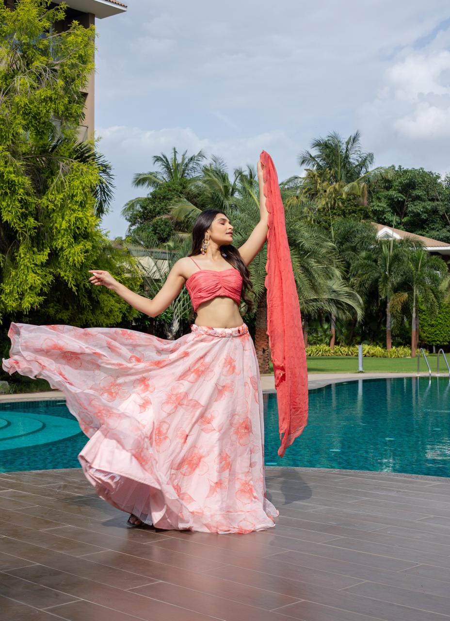 Peachy Floral Organza Lehenga Set