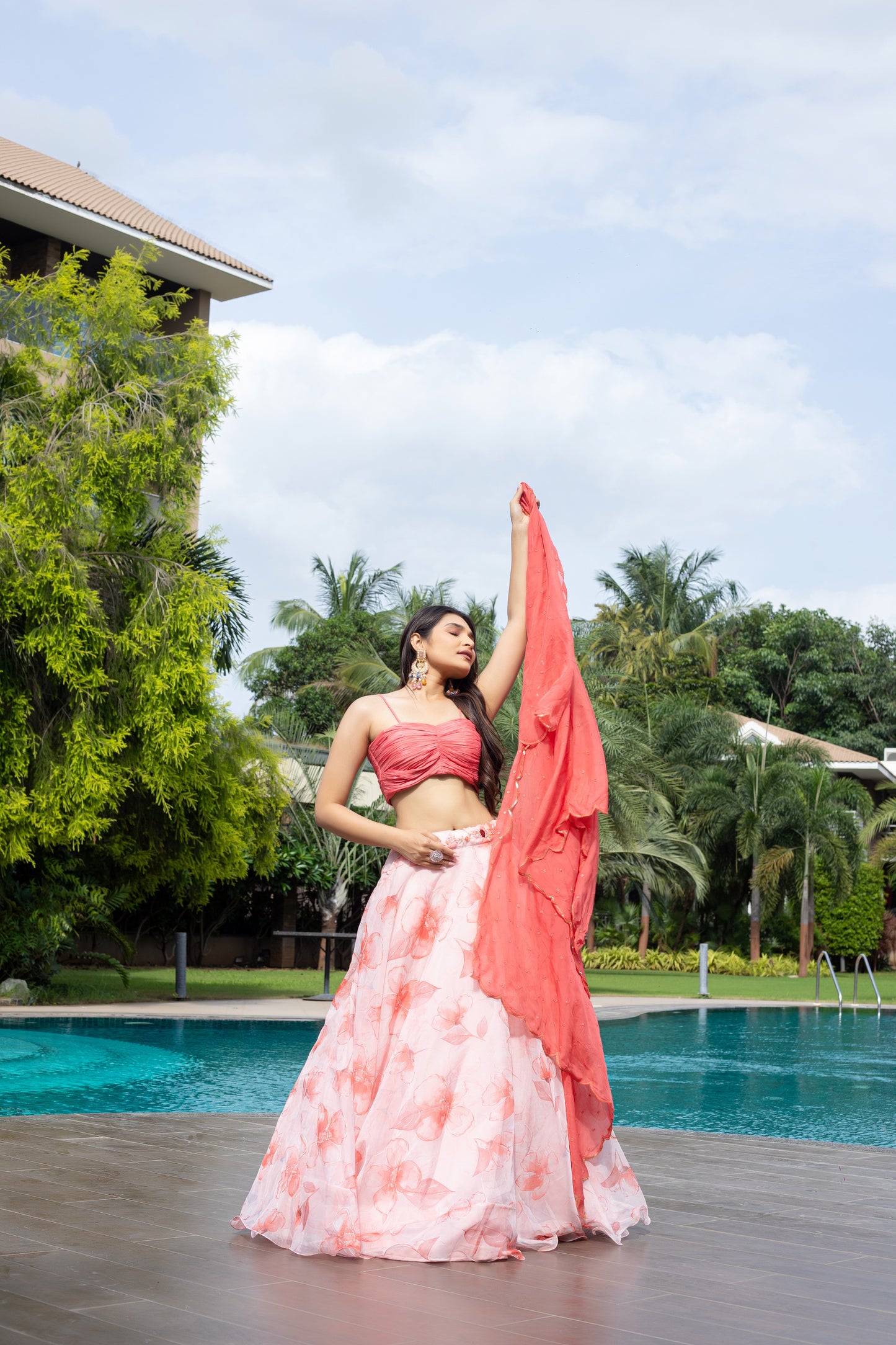 Peachy Floral Organza Lehenga Set