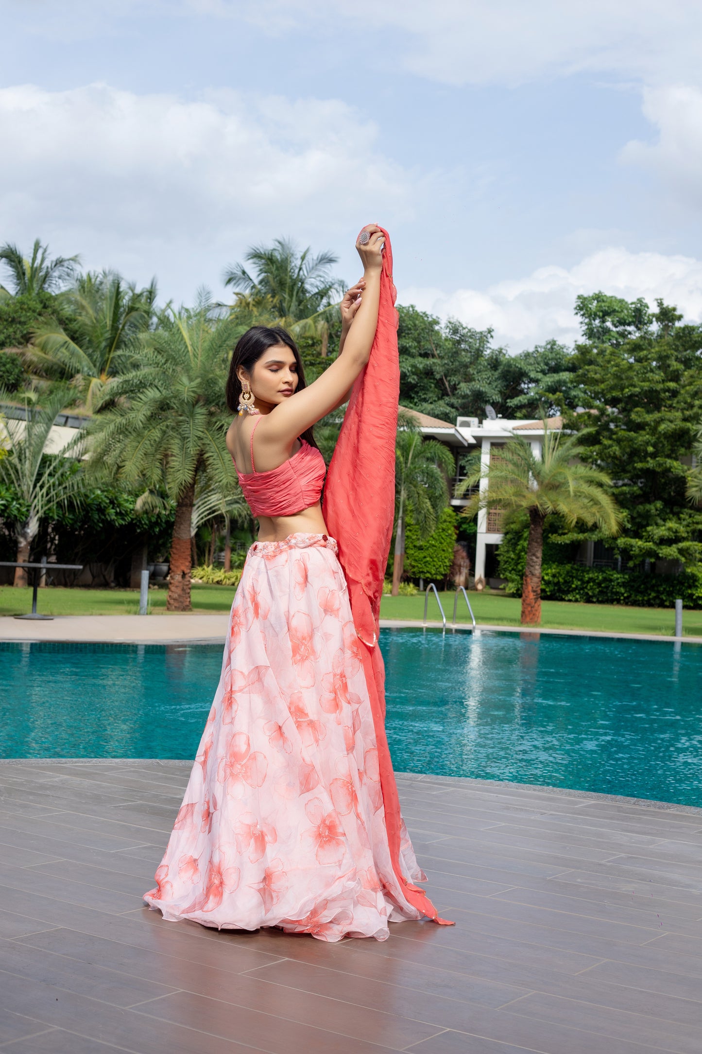 Peachy Floral Organza Lehenga Set