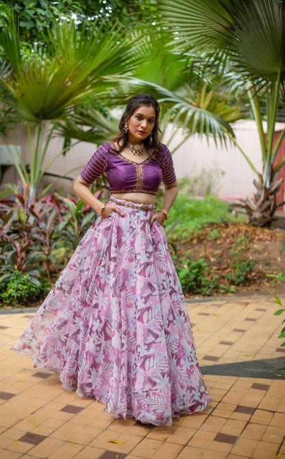 Purple Floral Organza Lehenga Set