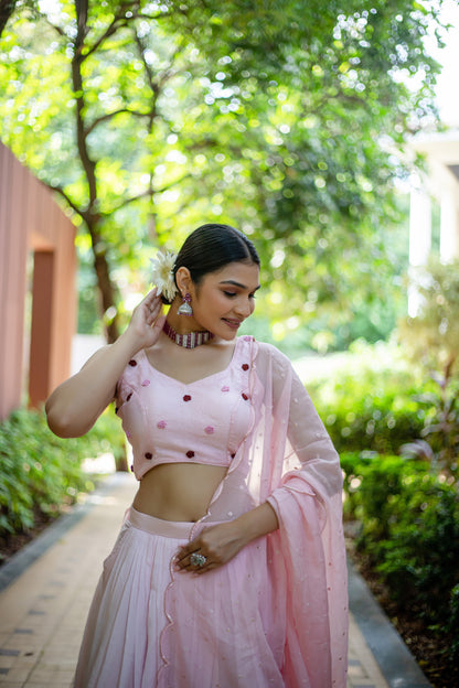 Blush Pink Rose Embroidered Lehenga Set