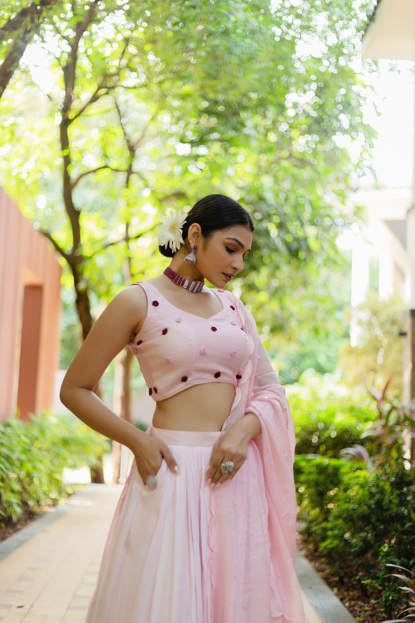 Blush Pink Rose Embroidered Lehenga Set