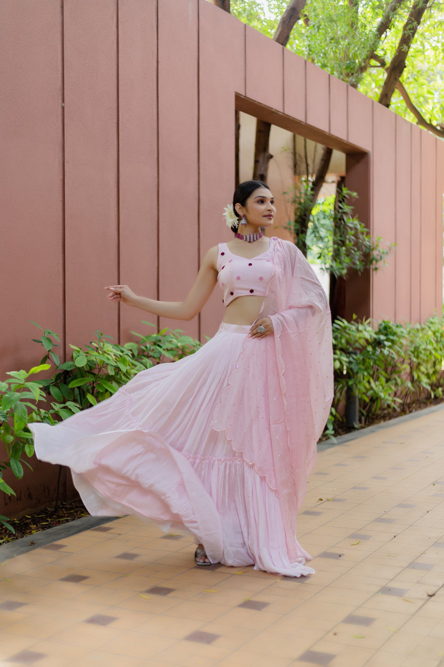 Blush Pink Rose Embroidered Lehenga Set