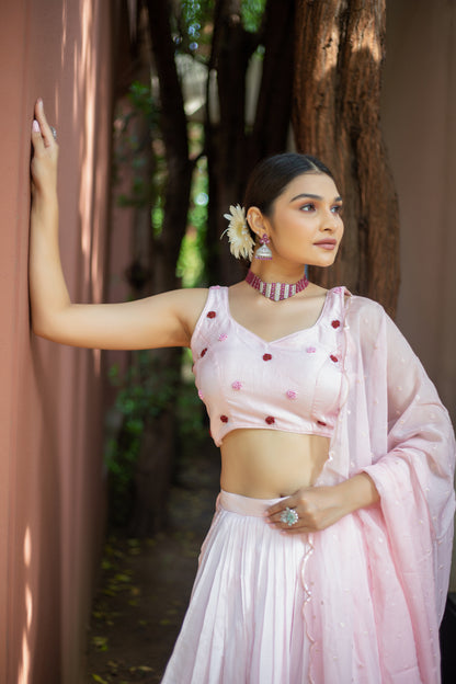 Blush Pink Rose Embroidered Lehenga Set